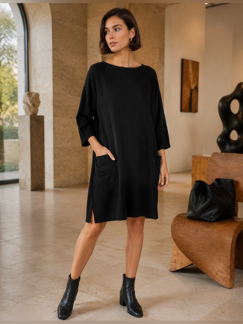 COS Black Oversized Tunic Mini Dress XS 3/4 Sleeve Pockets